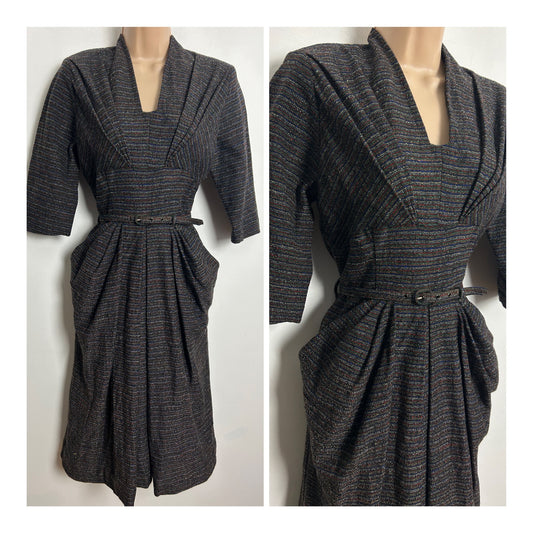 Vintage 1940s Rare BRILKIE MODELS UK Size 10 Black Mix Woven Wool Belted Pleated Wartime Era Dress