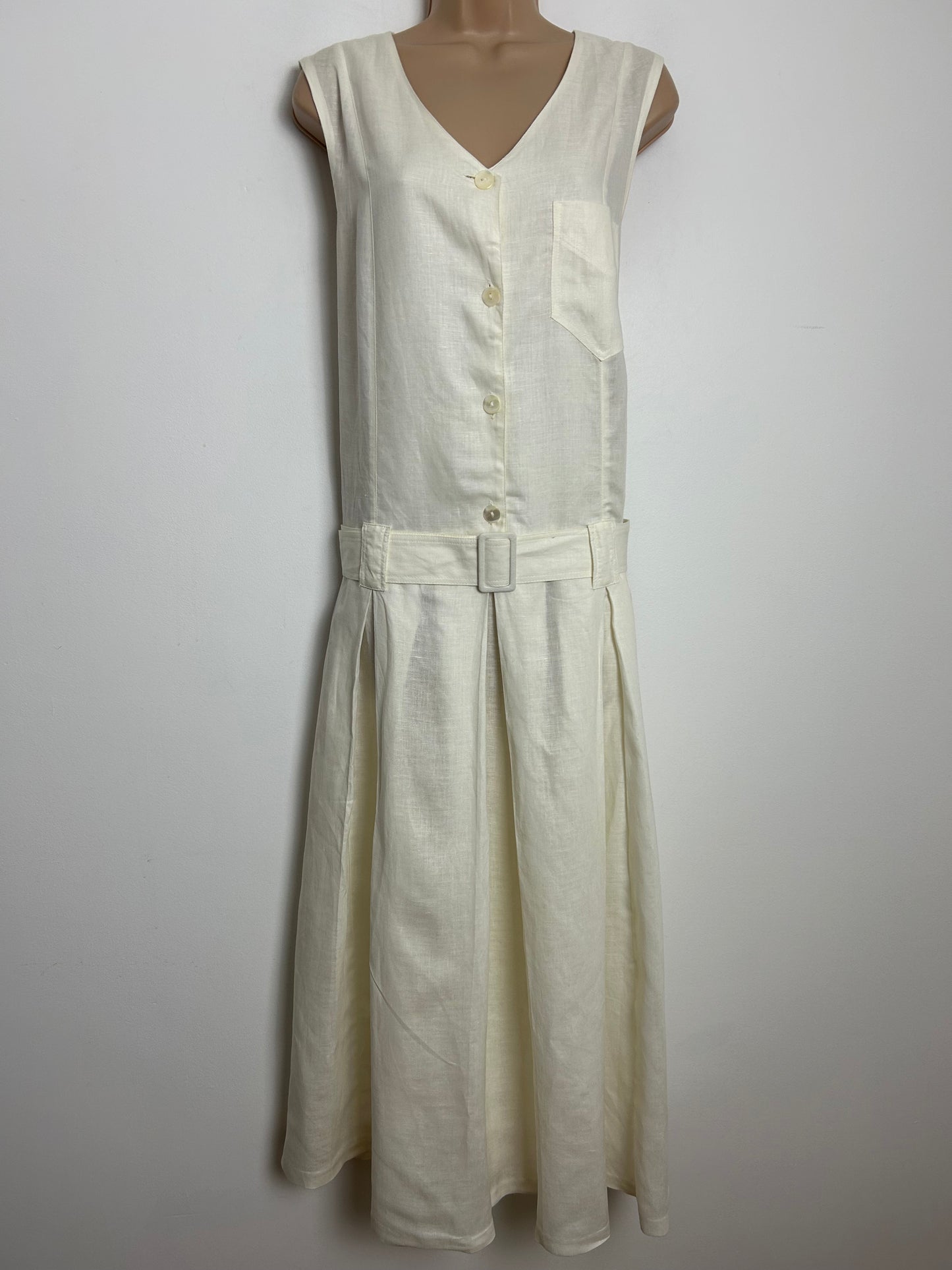 Vintage 1980s LAURA ASHLEY Size 14 Cream Linen Mix Sleeveless Belted Pleated Drop Waist Midi Dress