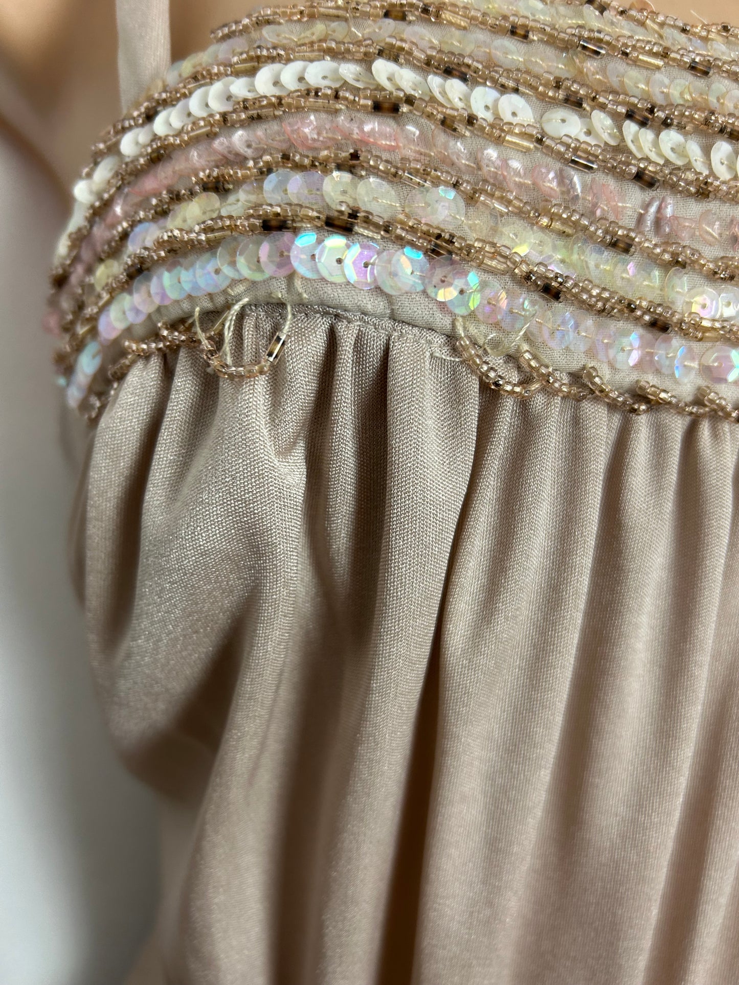 Vintage 1970s CARNEGIE OF LONDON UK Size 8 Nude Beige Sequin & Bead Detail Occasion Maxi Dress With Shawl