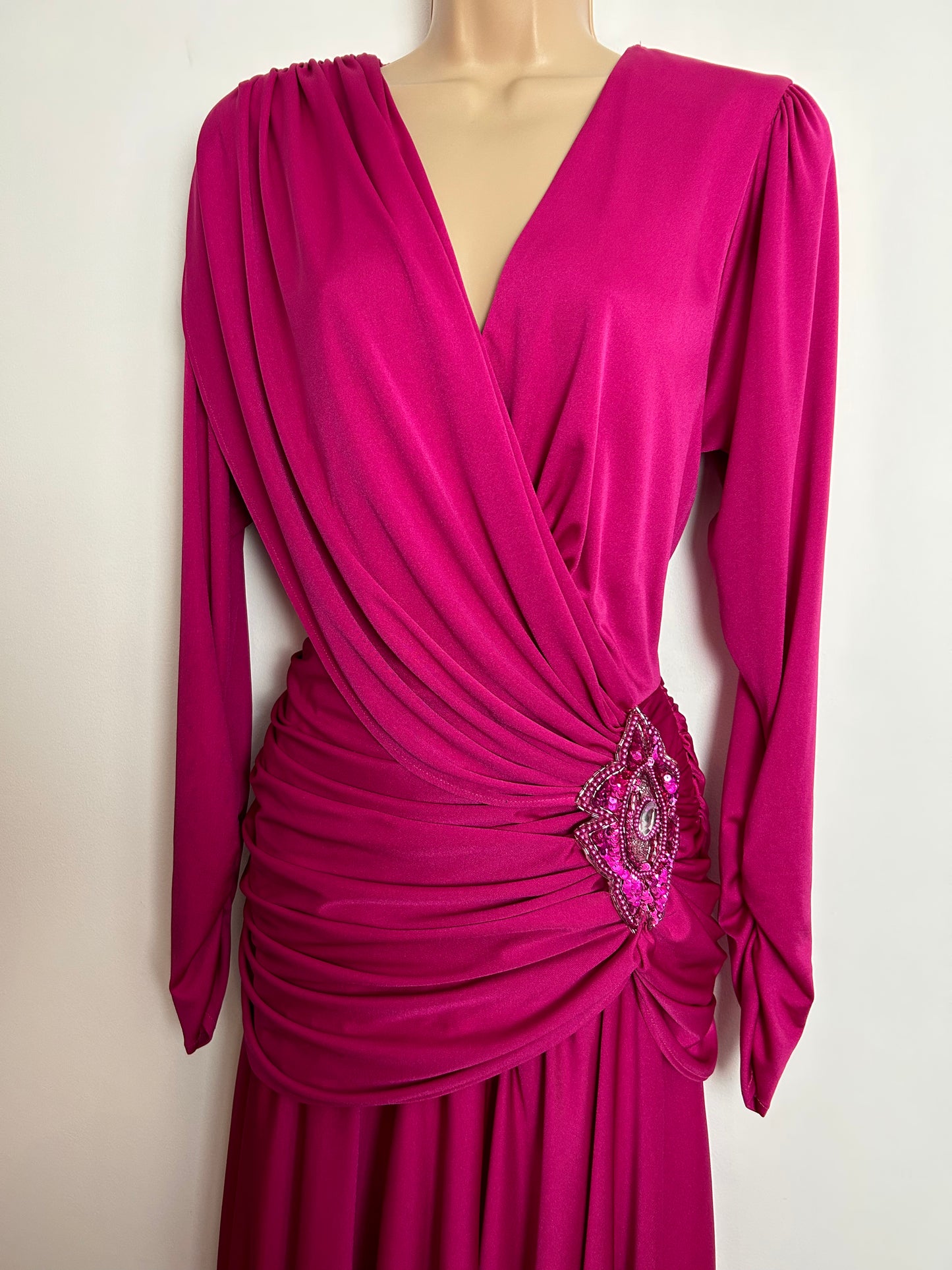 Vintage 1980s JAHN & PILL COLLECTION UK Size 14 Hot Pink Surplice Neckline Long Sleeve Ruched Sequin Applique Occasion Party Evening Dress