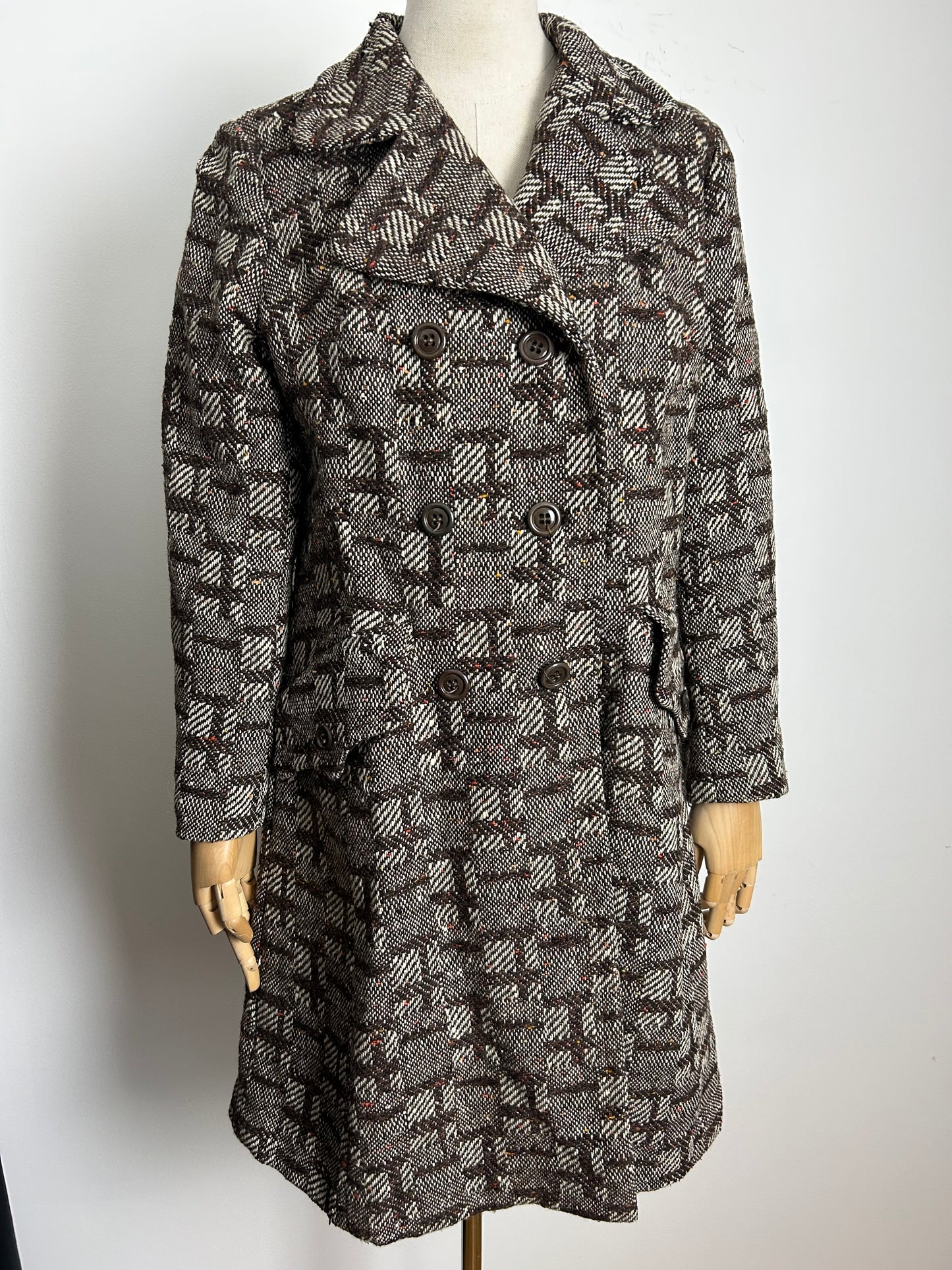 Vintage Early 1970s PEGGY LANE Size 12 Brown Tweed 70% Wool Double Breasted Winter Coat (Small Issue)