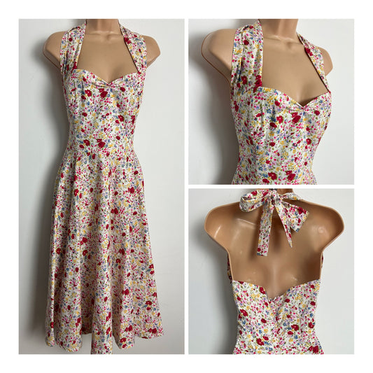Vintage 1980s Size 8 White Red & Pink Floral Print Halterneck 50s Rockabilly Style Dress