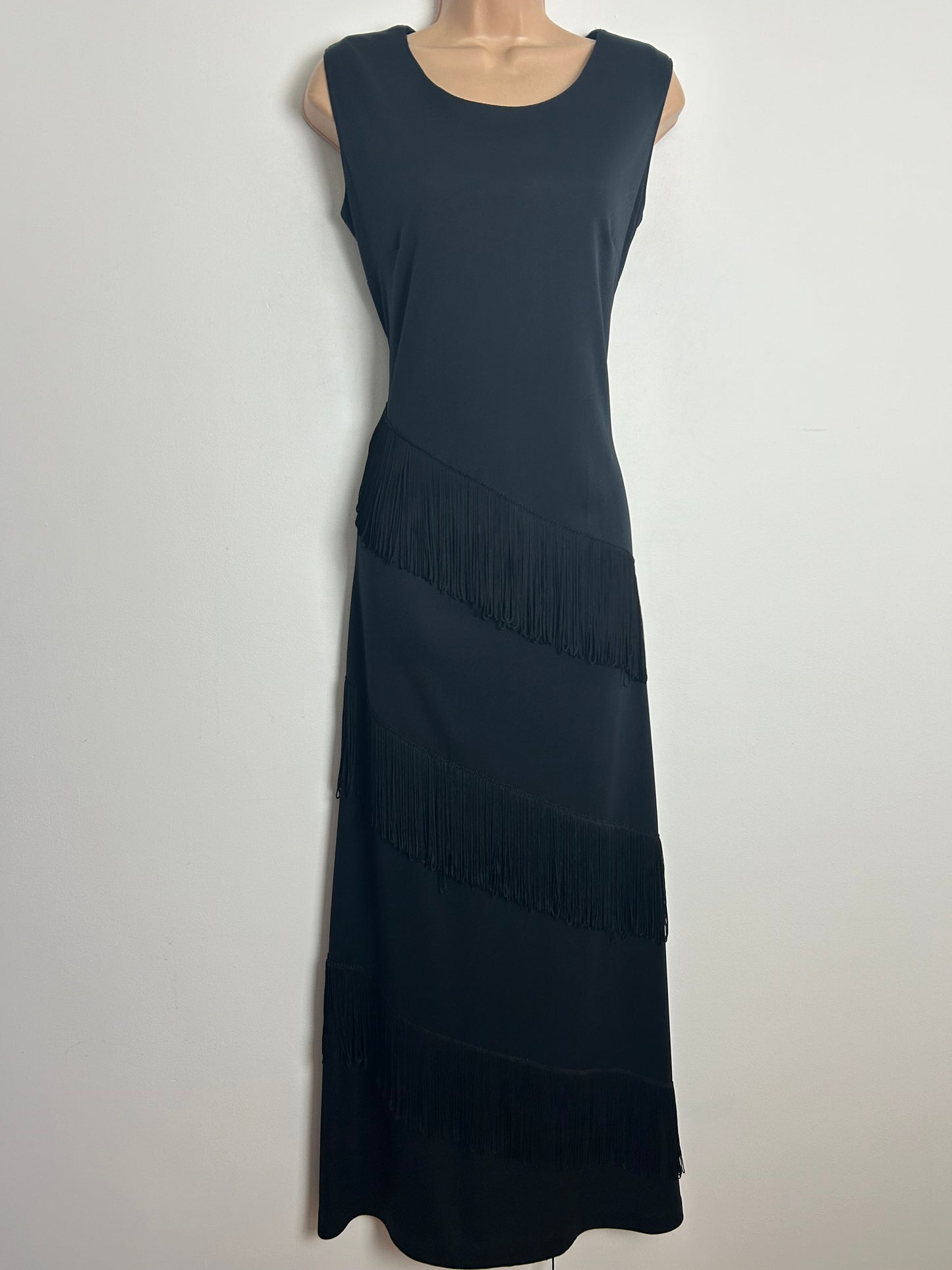 Vintage 1970s Size 12 Black Sleeveless Fringe Tassel Detail Evening Occasion Maxi Dress