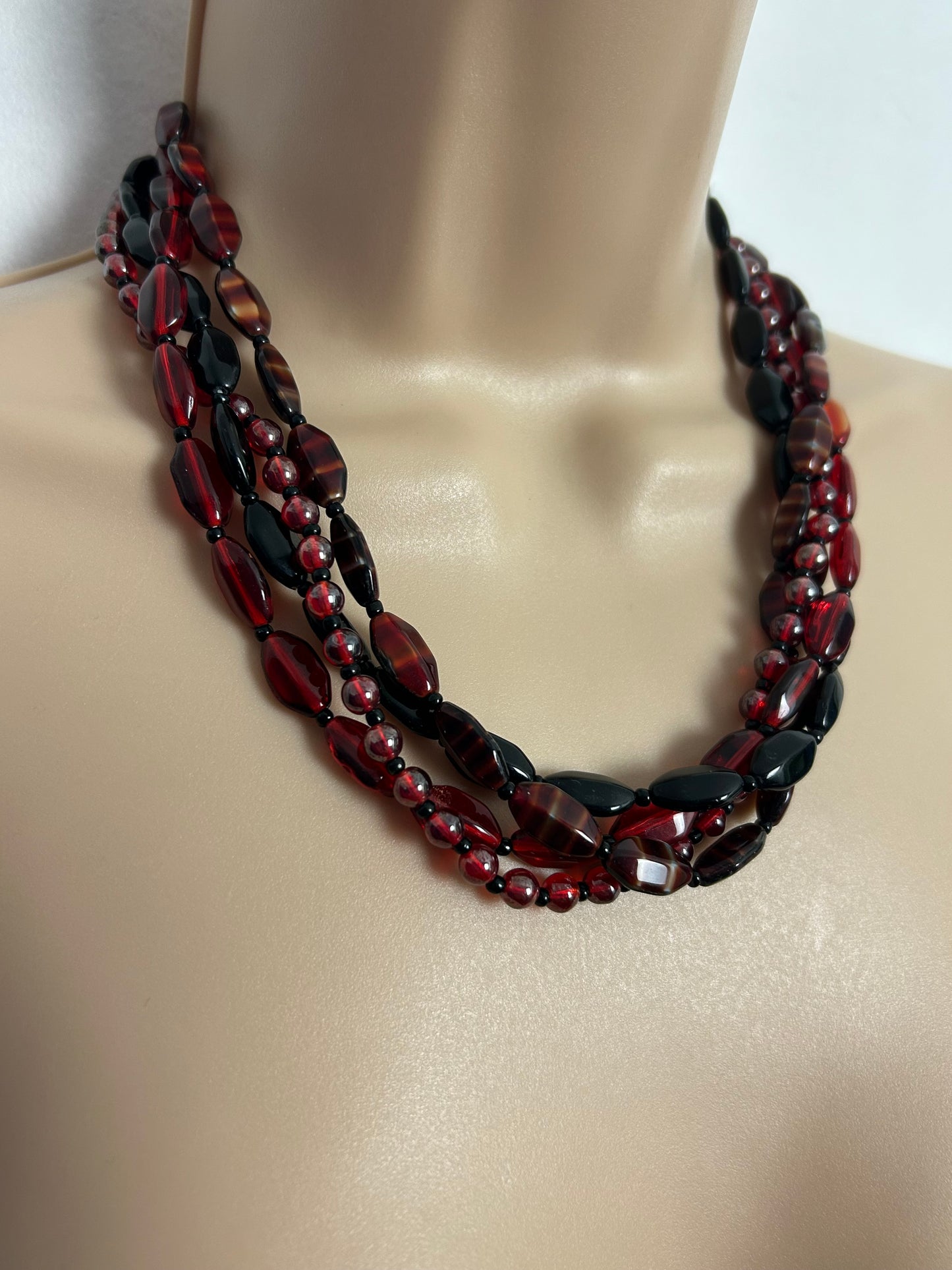 Vintage 1960s Dark Red & Black Glass Multistrand Necklace