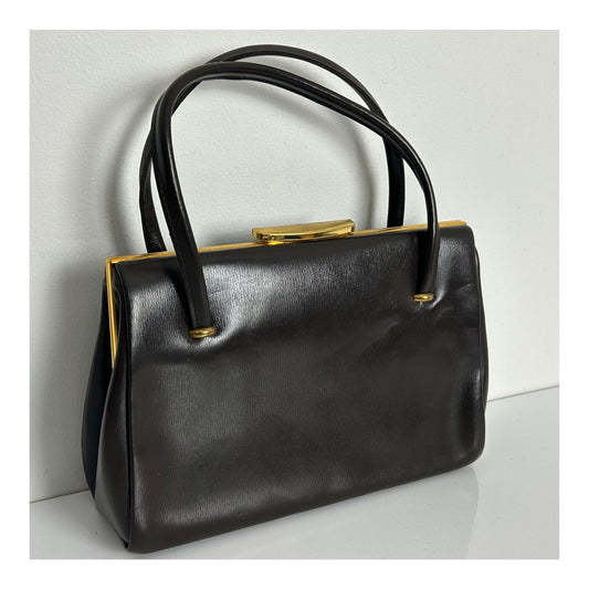 Vintage 1950s Matt Brown Leather Kelly Handbag With Gold Tone Frame