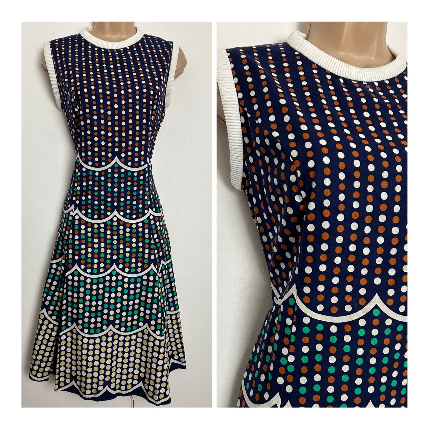 Vintage 1960s RODNEY Size 10 Navy Blue White Rust & Green Polka Dot Cotton Mix Kick Pleated Mod Dress