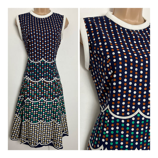 Vintage 1960s RODNEY Size 10 Navy Blue White Rust & Green Polka Dot Cotton Mix Kick Pleated Mod Dress