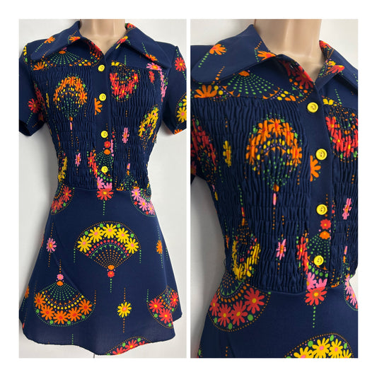 Vintage Early 1970s Size 8 Navy Blue Orange Pink Yellow & Pink Floral & Fan Print Beagle Collar Mini Dress