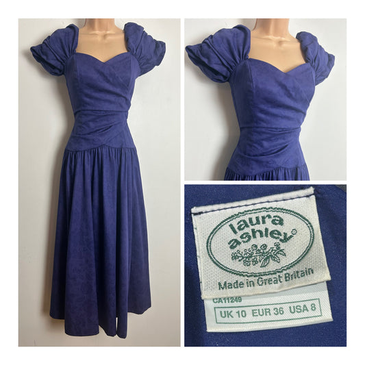 Vintage 1980s Laura Ashley Size 6-8 (Size 10 On Label) Dark Blue Floral Embossed Short Sleeve Cotton Dress