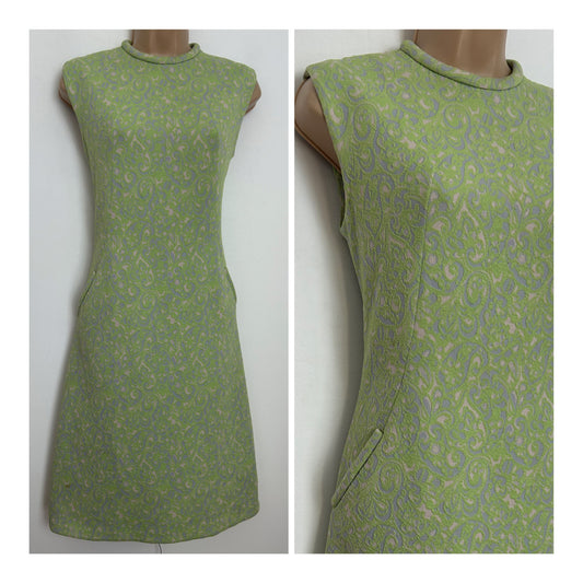 Vintage 1960s Size 8-10 Pale Green Lilac & Pink Crimplene Sleeveless Pocket Detail Mod Shift Dress