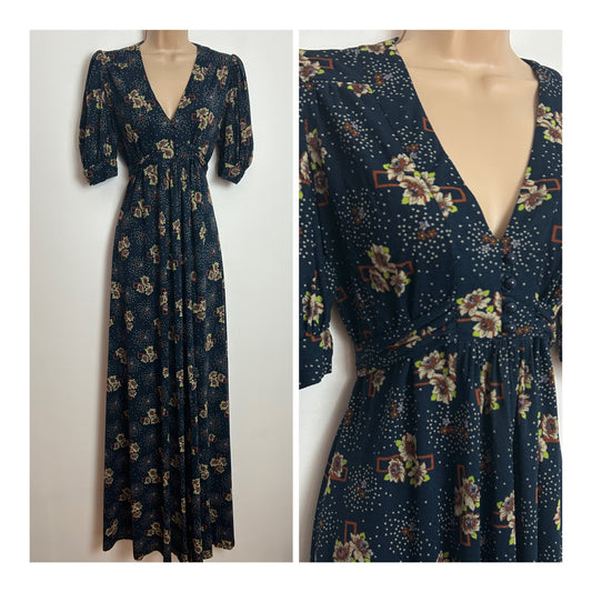 Vintage 1970s Size 12 Navy Blue Brown Beige & Green Floral Spotty & Geo Print Short Sleeve Boho Maxi Dress