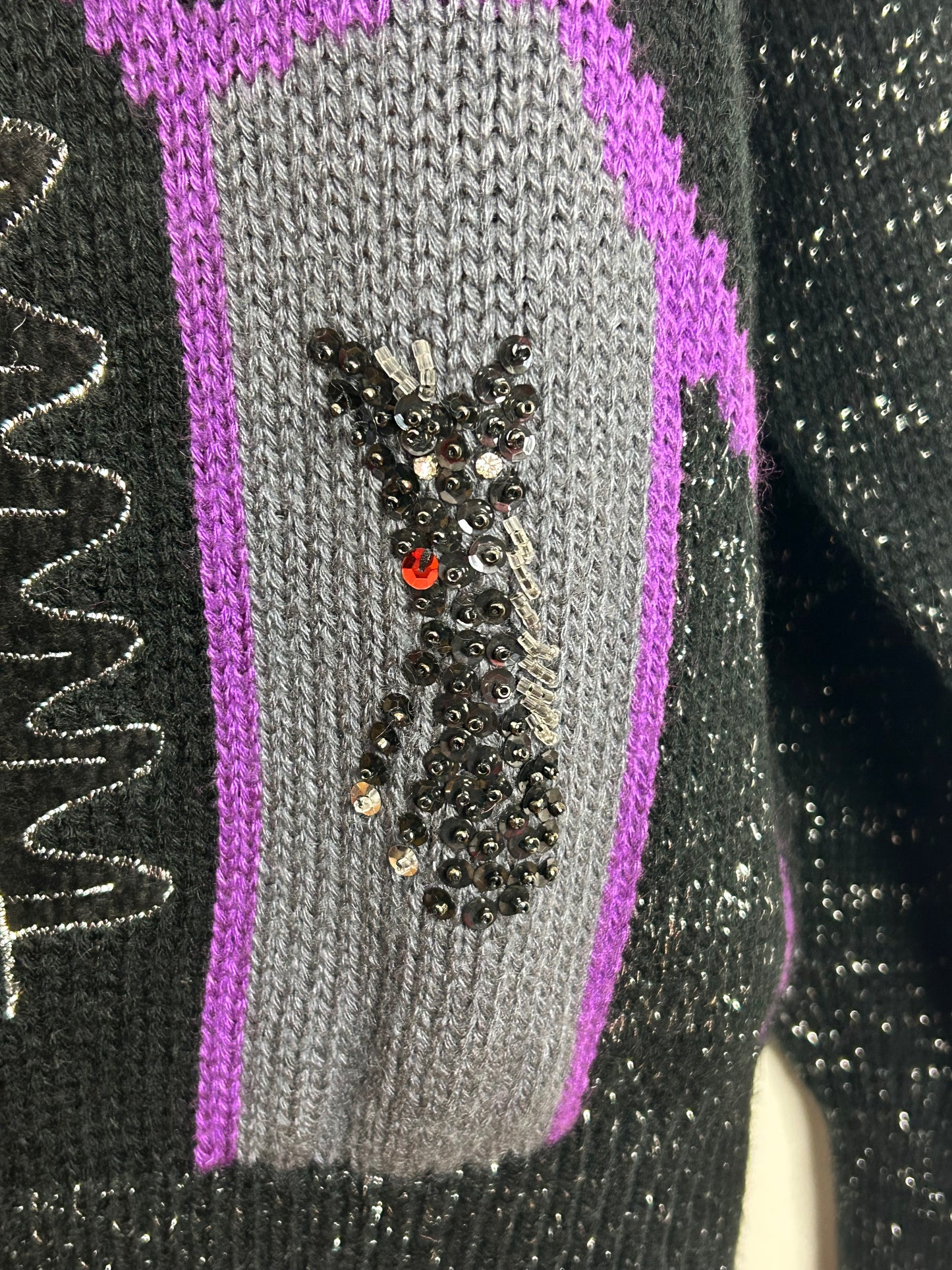 Vintage 1980s SANTAS Up To Size 16 Black Purple & Silver Lurex Sequin Cat Detail Jumper