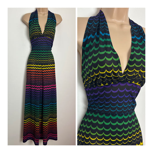 Vintage 1970s Size 8 ORCHIDEE Black Multicolour Scallop Print Halter Neck Summer Maxi Dress