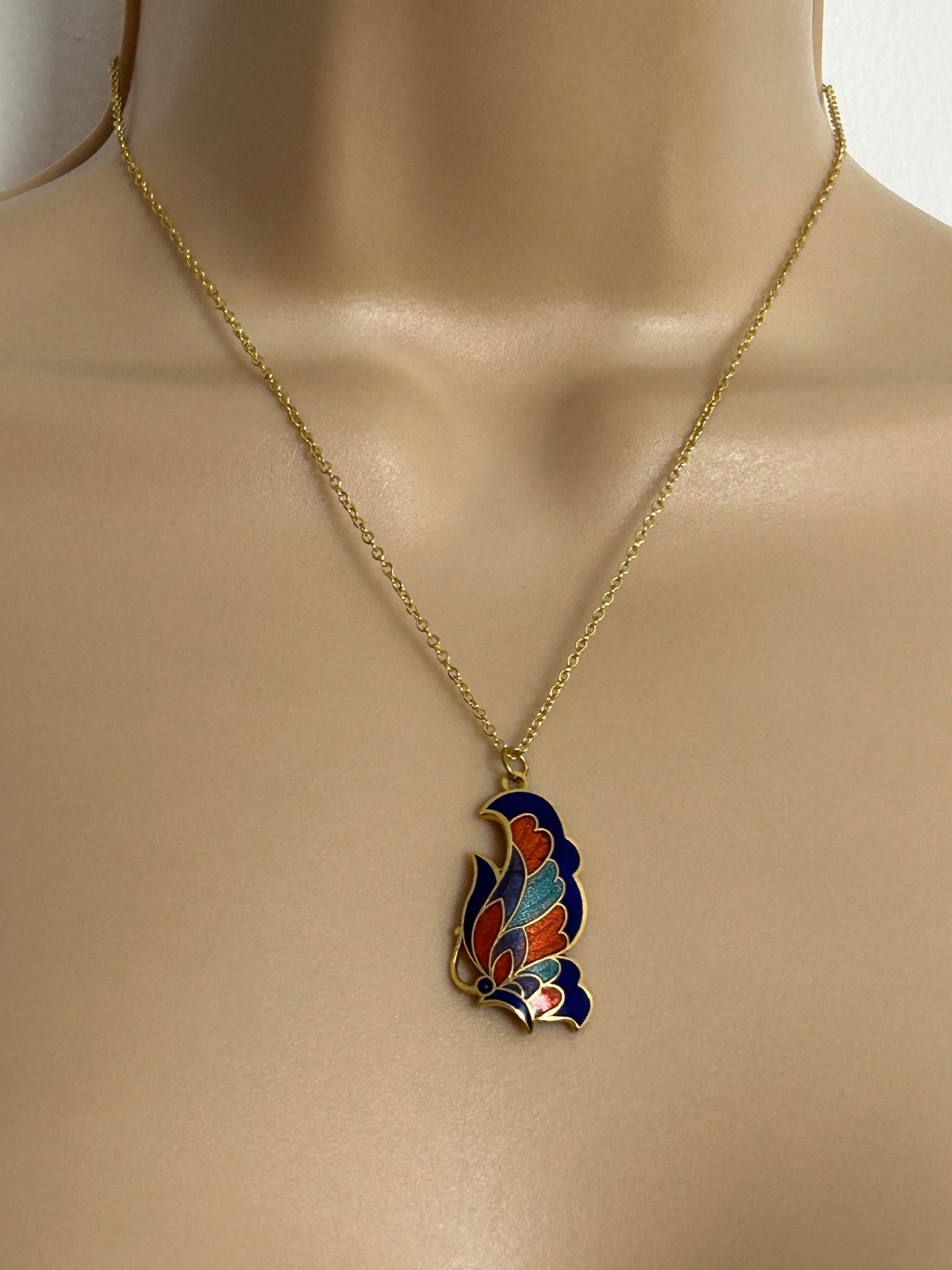 Vintage Gold Tone Cloisonne Enamel Butterfly Pendant & Necklace