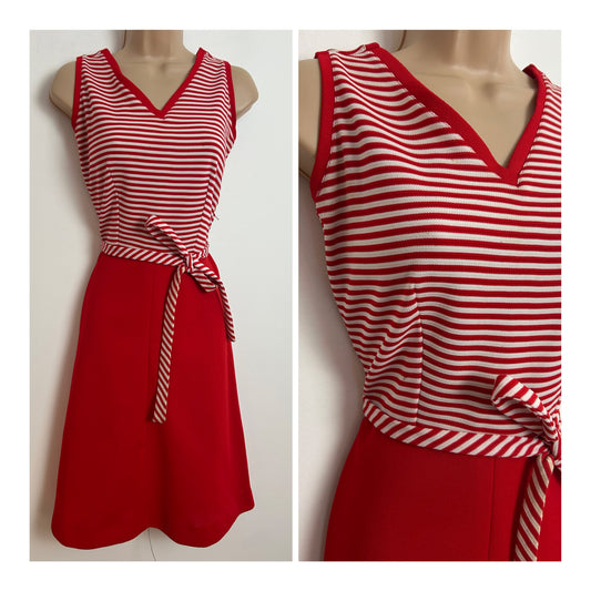 Vintage 1970s UK Size 8 Red & White Stripe Print Sleeveless Belted Flared Day Dress