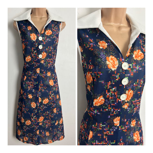 Vintage 1970s Size 14 Navy Blue Orange & White Floral & Geo Print Wide Collared Mod Shift Dress
