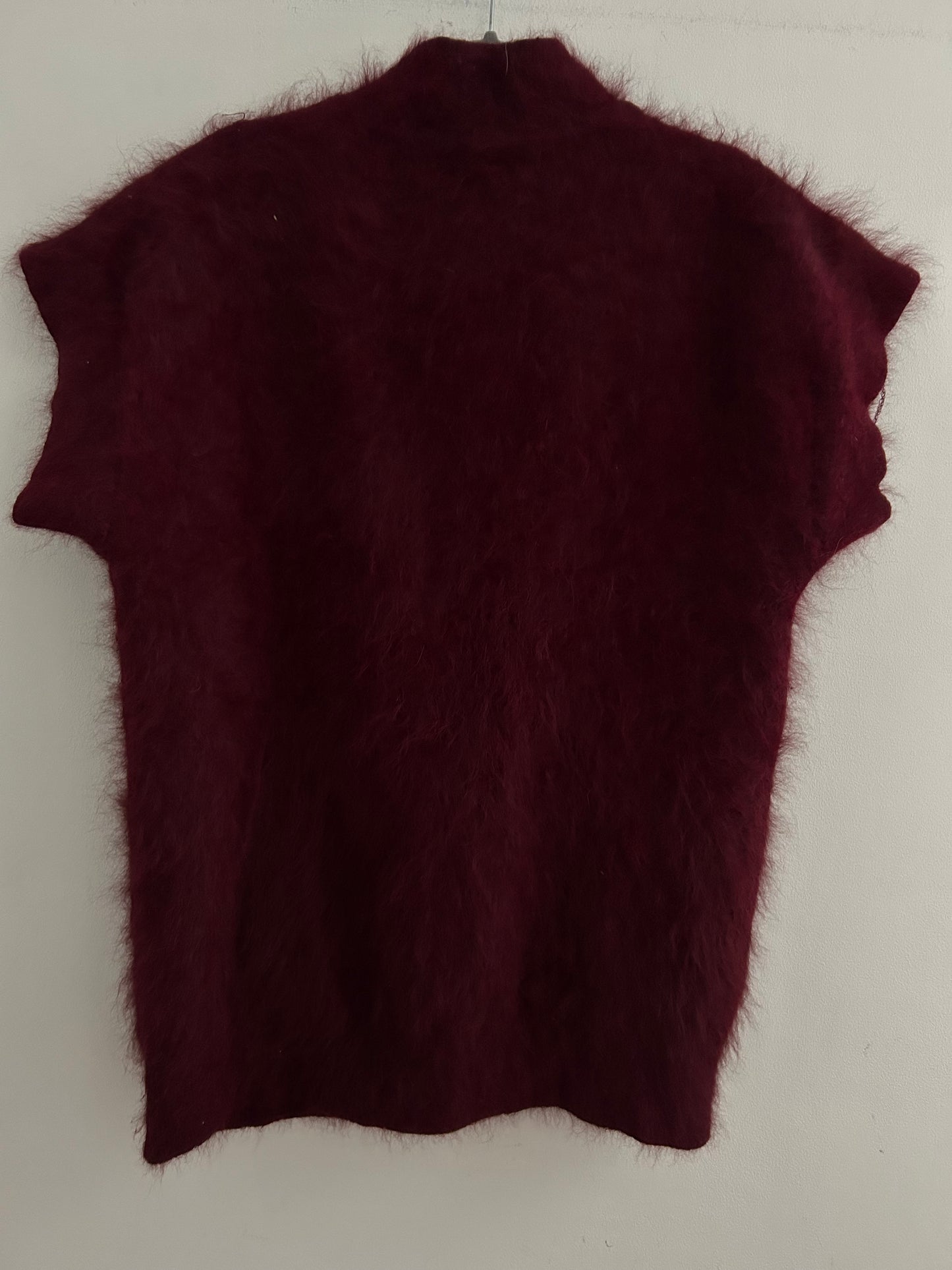 Vintage 1980s UK Size 12-14 Maroon Red Soft Fluffy Mohair Floral Applique Detail Short Sleeve Gilet Style Cardigan