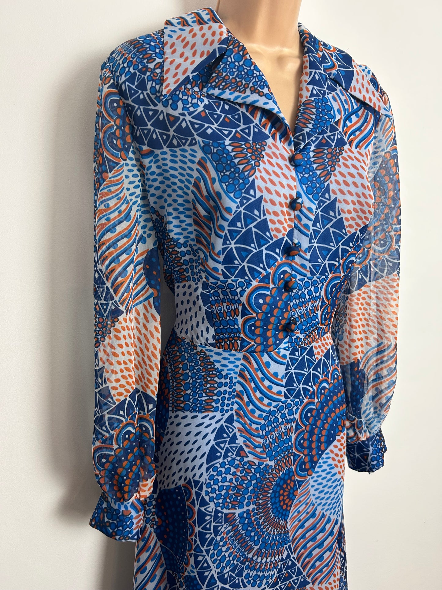 Vintage 1970s 14 Blue & Orange Abstract Print Dagger Collar Long Sleeve Chiffon Maxi Dress