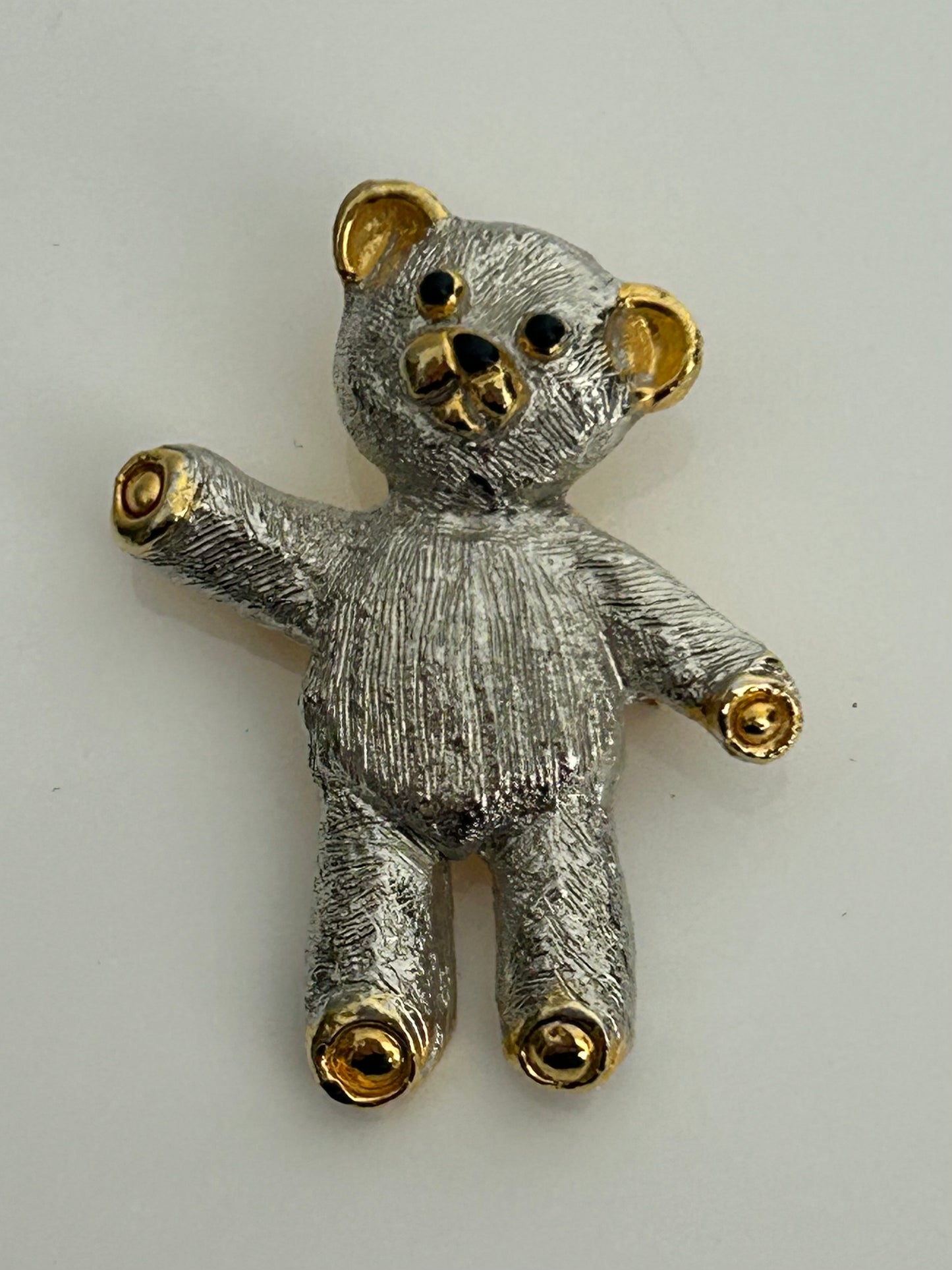 Vintage 1980s Small Silver Tone & Gold Cute Little Teddy Bear Pin Brooch
