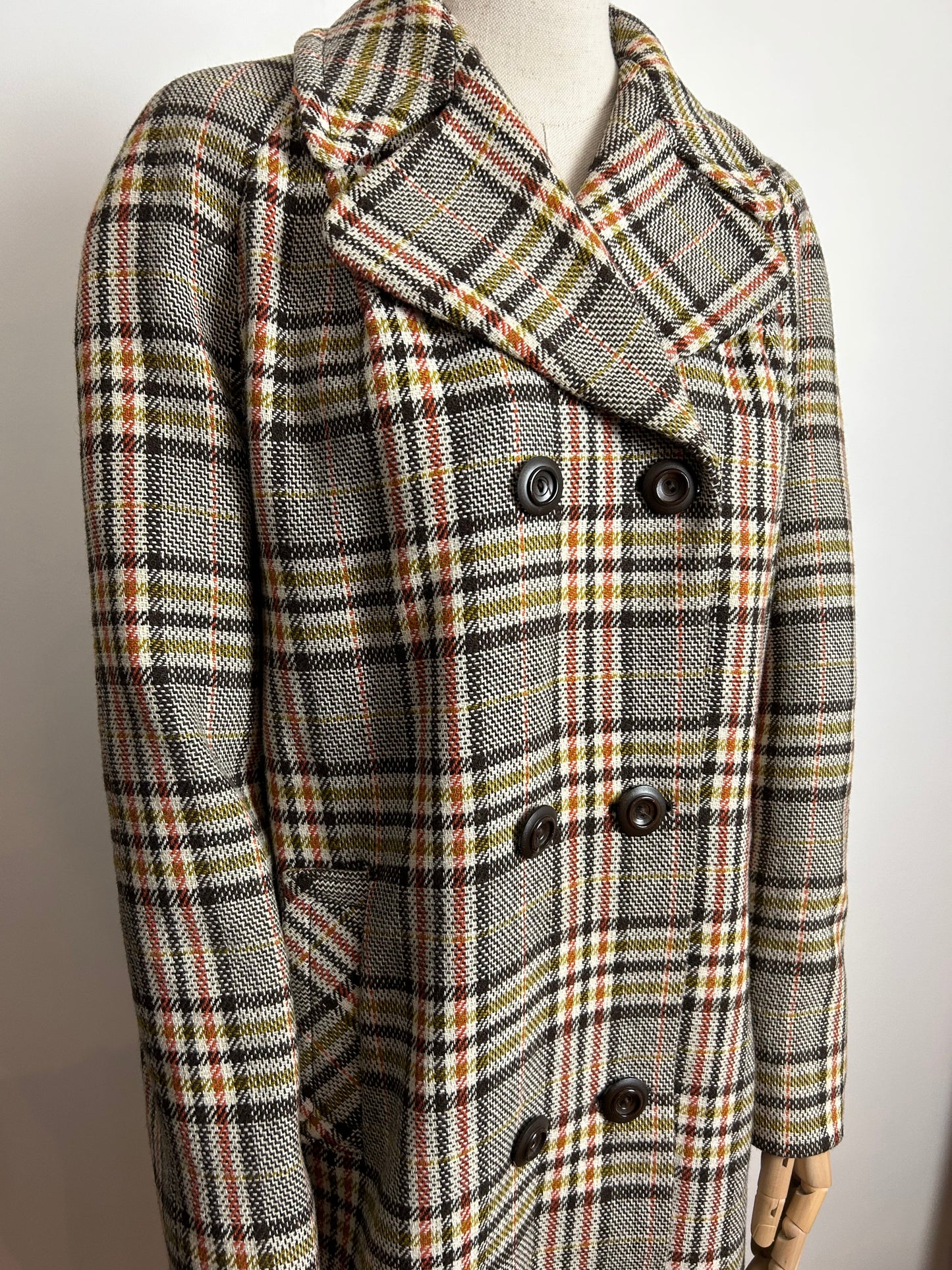 Vintage LAURE OF LEICESTER UK Size 14-16 Brown Cream & Rust Check Double Breasted Winter Coat