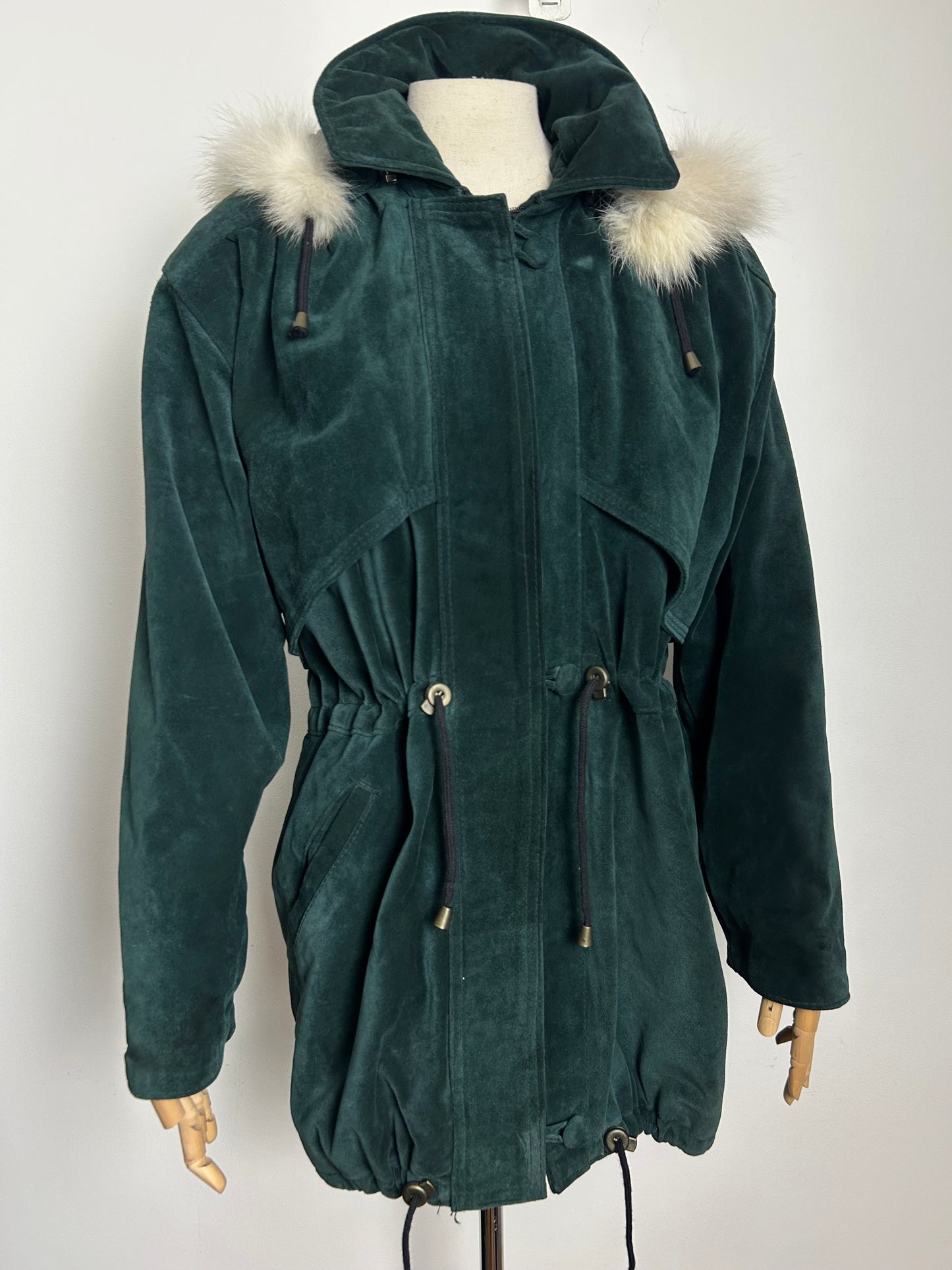Vintage 1980s LEATHERSTIL ITALIAN Size 12-14 Dark Green Real Suede & Fur Trim Hooded Parka