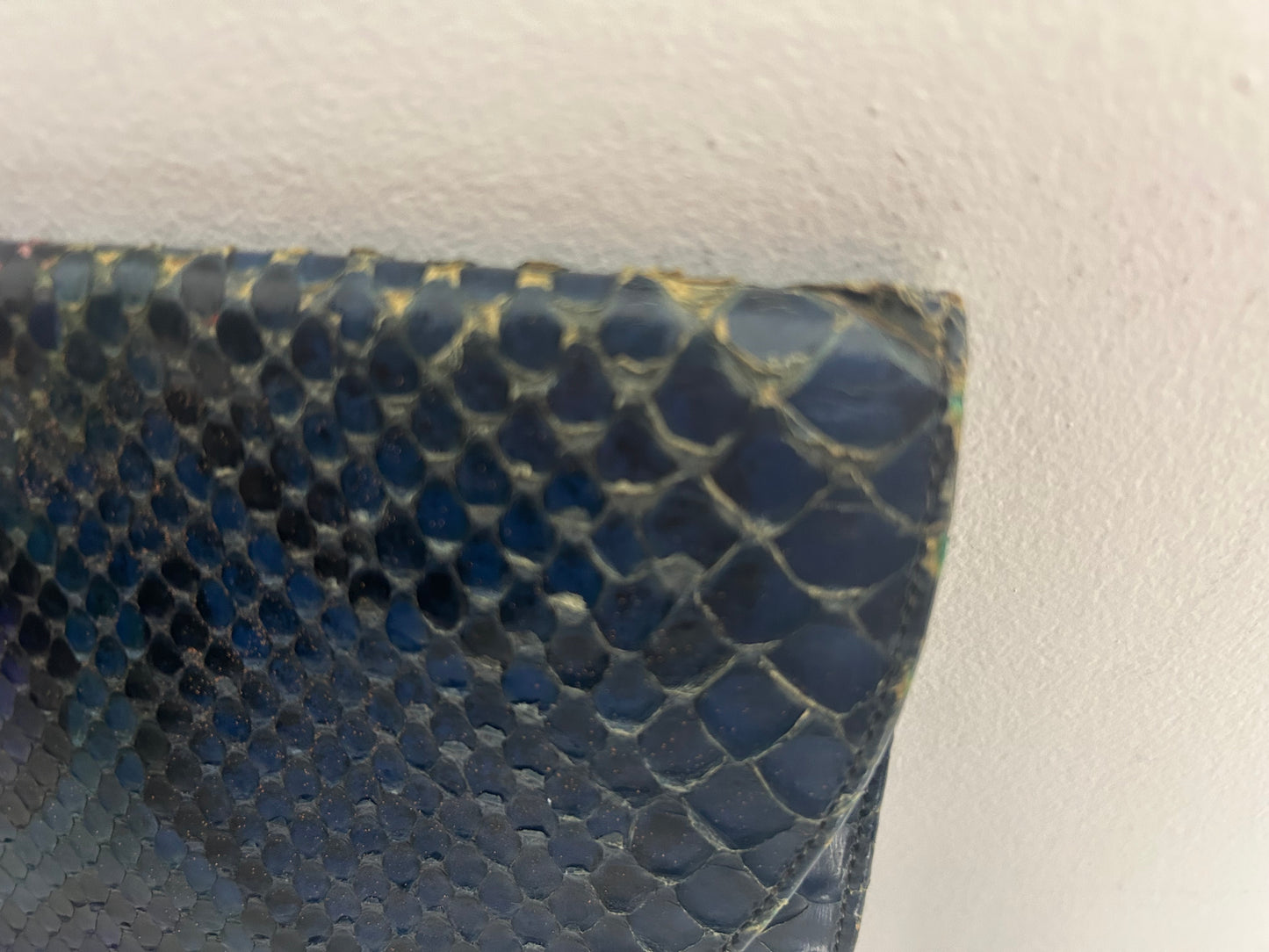 Vintage 1980s Dark Blue Tones Snake Skin Leather Clutch Or Shoulder Bag