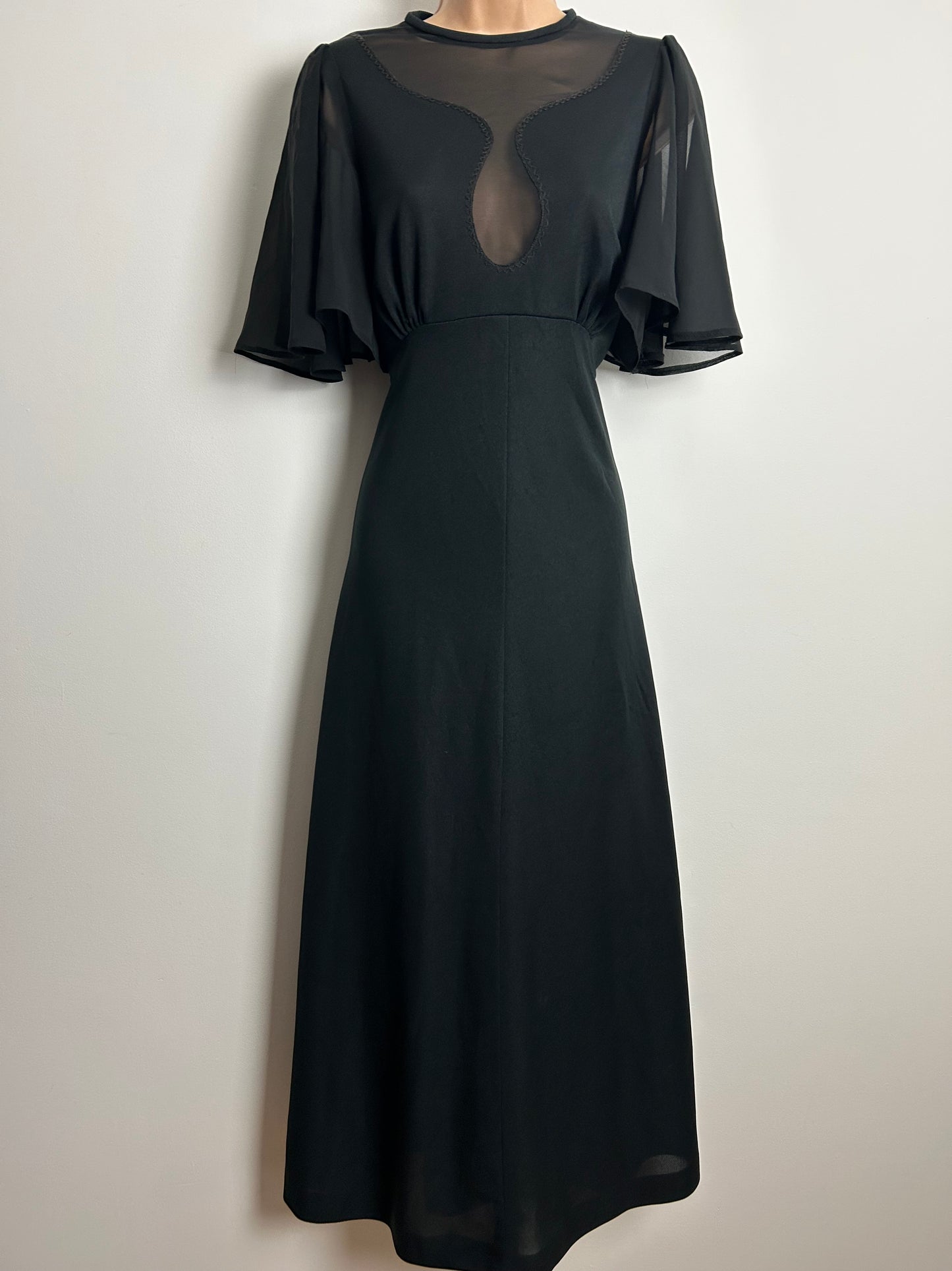 Vintage 1970s Size 12-14 Black Illusion Neck Flutter Sleeve Occasion Evening Maxi Dress