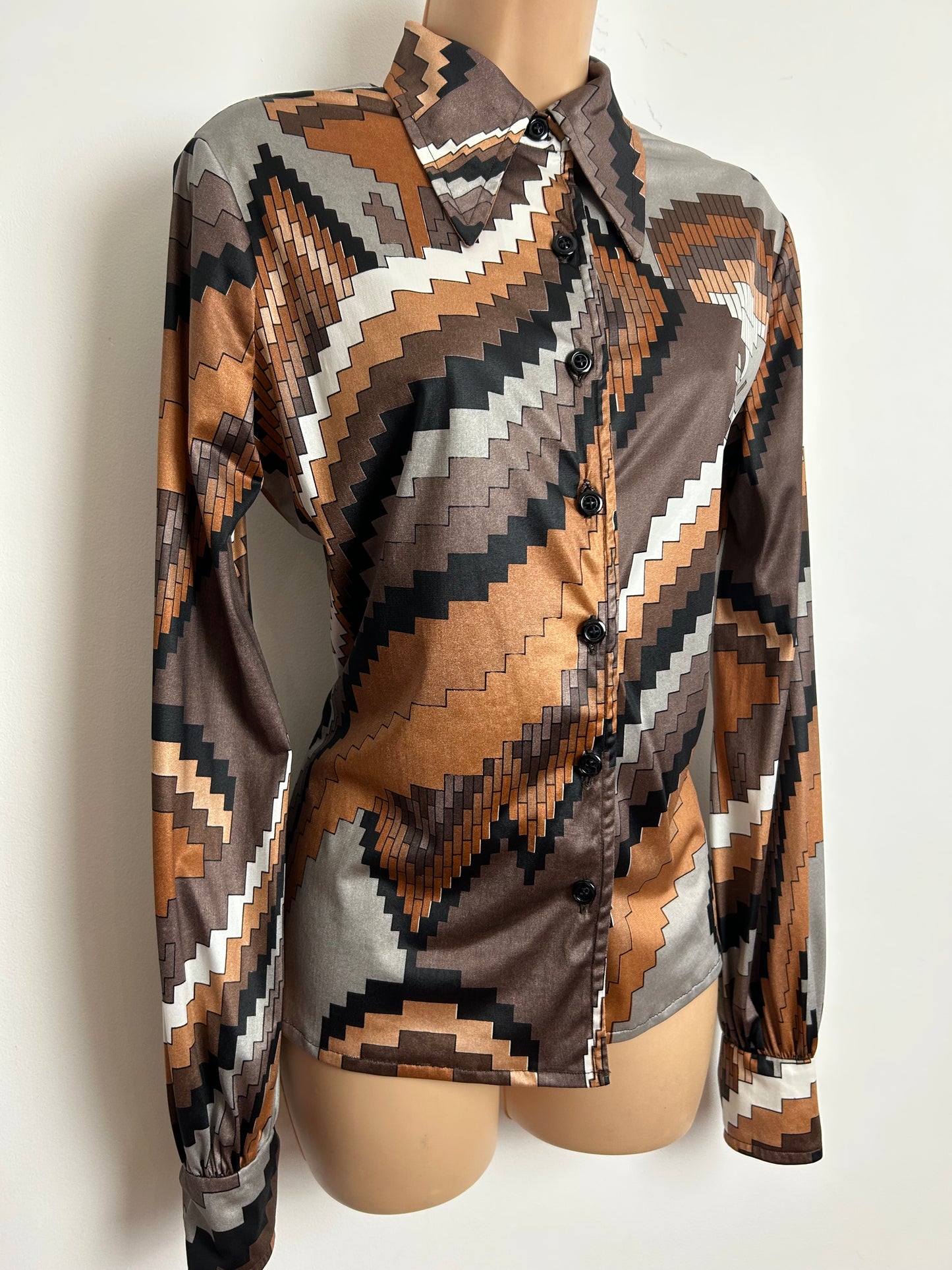 Vintage 1970s VILEDA Size 14 Brown & Grey Tones Geo Print Dagger Collar Long Sleeve Shirt