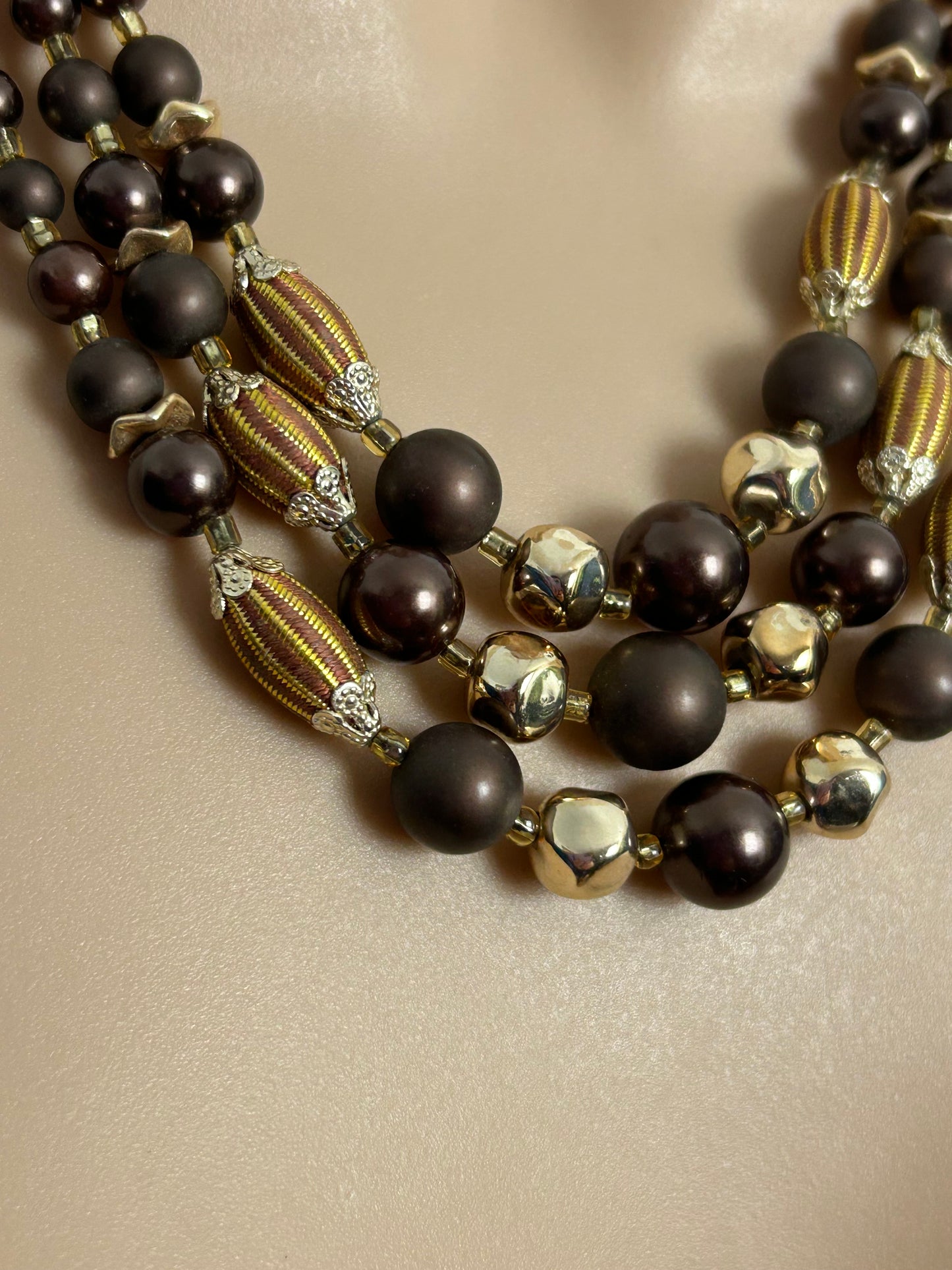 Vintage 1960s Brown & Gold Bead Triple Stand Chunky Necklace