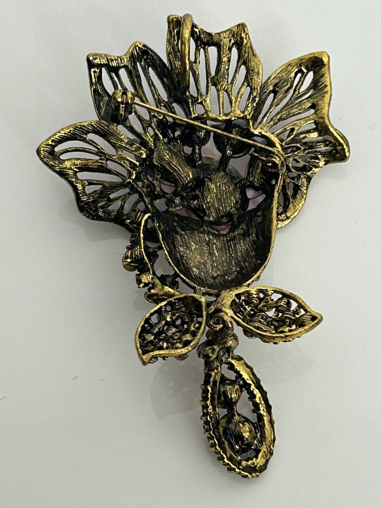 Vintage Large Dark Gold Pink & Clear Diamante & Jewel Set Flower Brooch Or Pendant