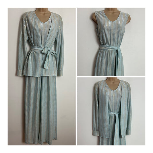 Vintage Late 1970s FRED ROTHSCHILD CALIFORNIA UK Size 10 Pale Blue Silver & Gold Lurex Jumpsuit & Matching Jacket