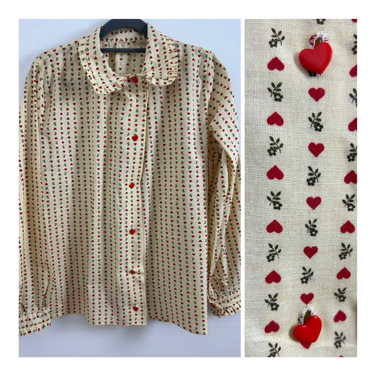 Vintage 1970s Size 16 Beige & Red Heart & Floral Print Long Sleeve Pleated Collar Cotton Shirt