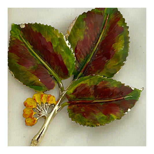 Vintage 1950s EXQUISITE Signed Elm Leaf Enamelled Large Brooch In Original Box