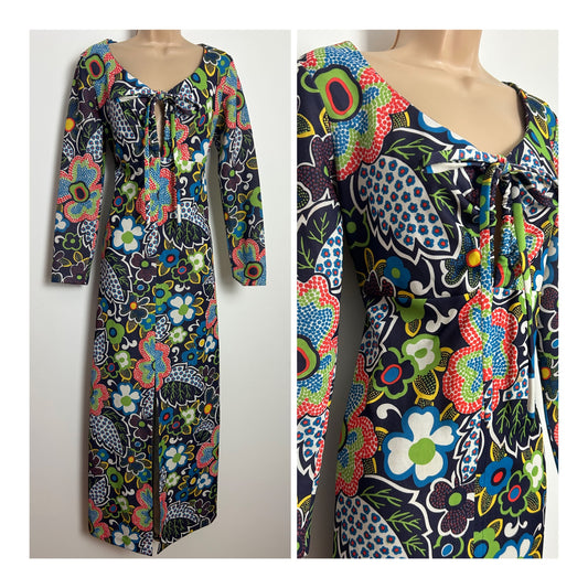 Vintage 1970s BLASE INTERNATIONAL Size 12 Navy Blue Red Green & Yellow Psychedelic Floral Maxi Dress