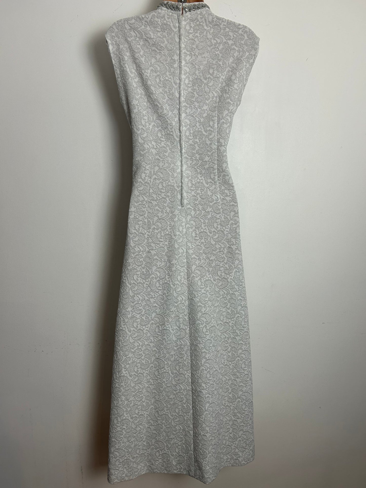 Vintage 1960s Size 12 White & Metallic Silver Braid Trim Crimplene Occasion Evening Maxi Dress