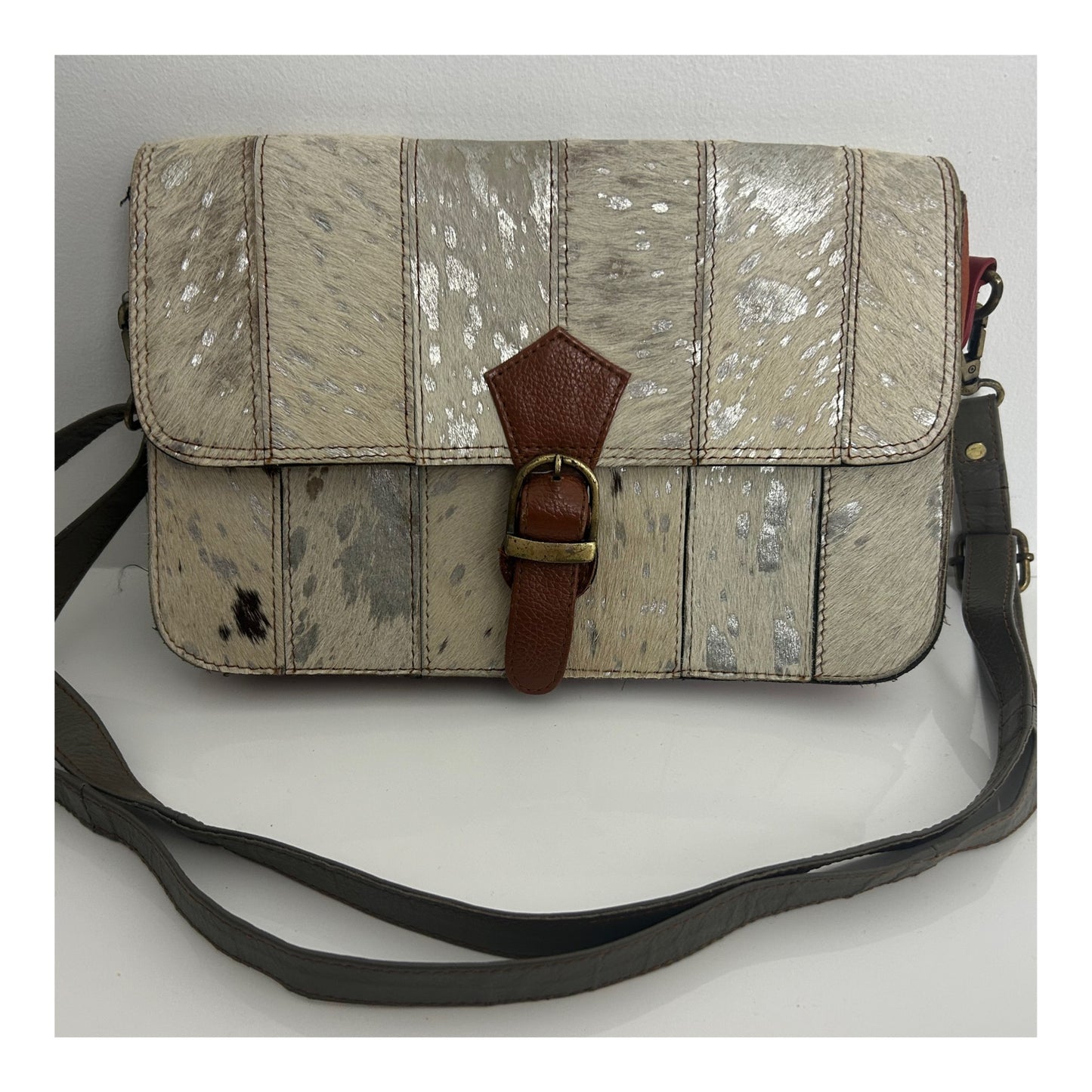 Vintage Early 1980s Grey & Tan Hide On Leather Shoulder Bag