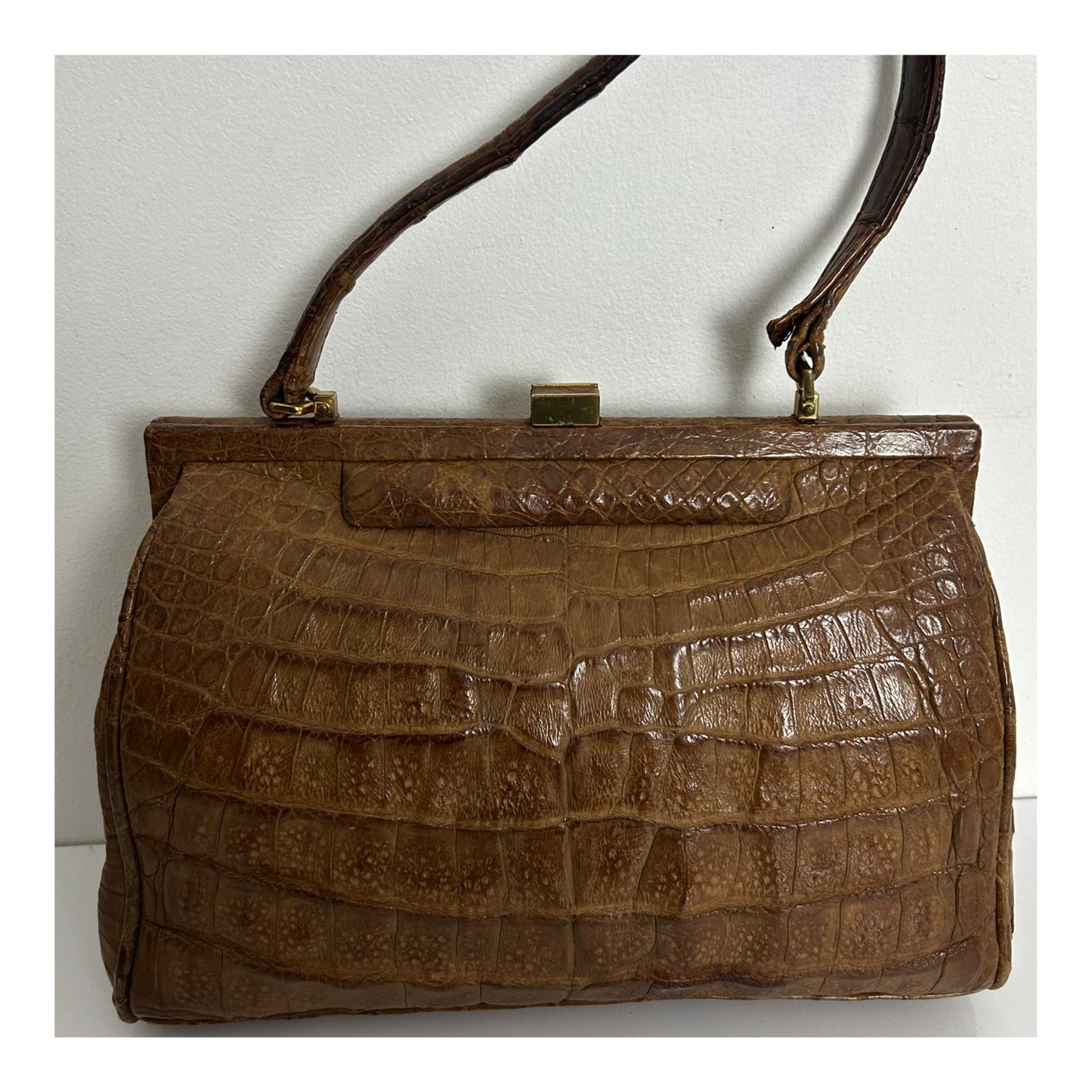Vintage 1960s Dark Tan Brown Crocodile Leather Kelly Style Handbag