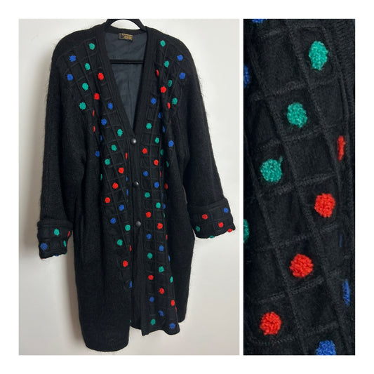 Vintage 1980s VELIT BARI Up To Size 18 Oversized Mid Length Black Spot Pattern Kid Mohair Coatigan Cardigan