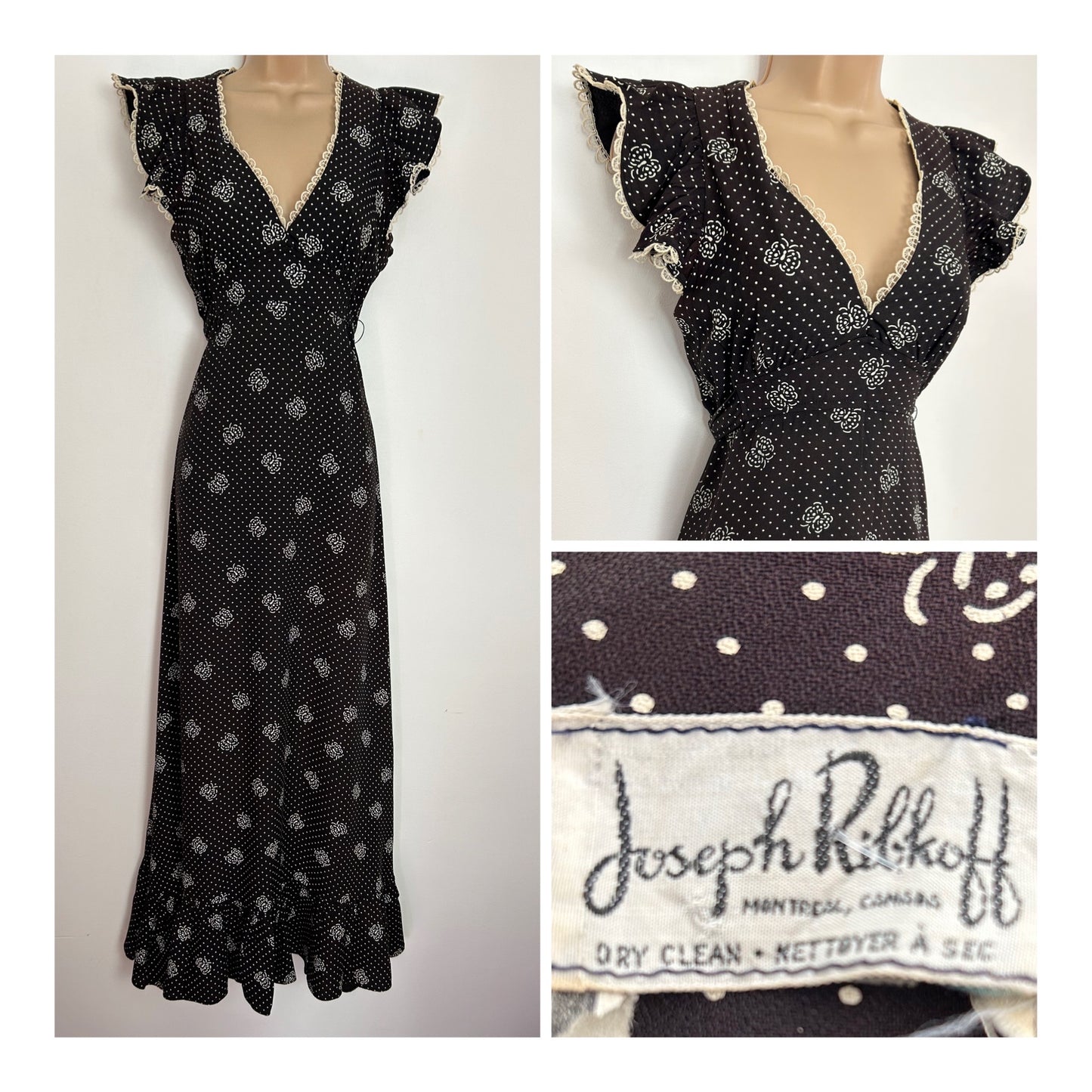 Vintage 1970s UK Size 8 JOSEPH RIBKOFF Darkest Brown & White Butterfly & Polka Dot Print Boho Prairie Maxi Dress