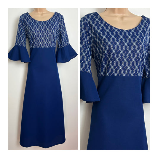 Vintage 1970s CAROL PHASE Size 12 Navy Blue & Gold Metallic Check Bodice Flared Cuff Evening Maxi Dress