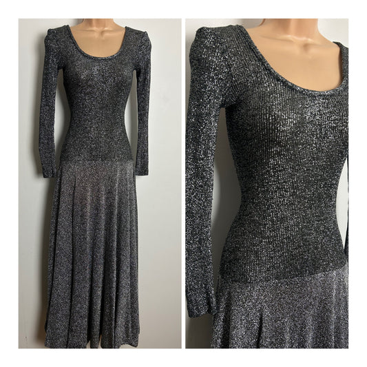 Vintage 1970s JOHN MARKS Up To Size 10 Black Silver Lurex Long Sleeve Evening Maxi Dress