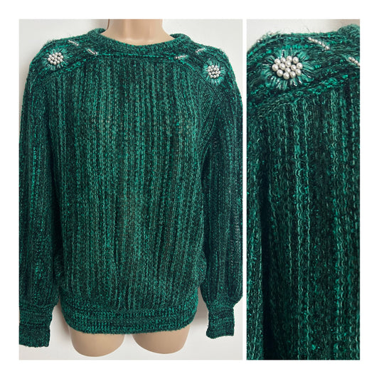 Vintage 1980s Italian LE LYS Size 12 -14 Gorgeous Green Tones Bead Embellished Wool Mix Raglan Sleeve Jumper