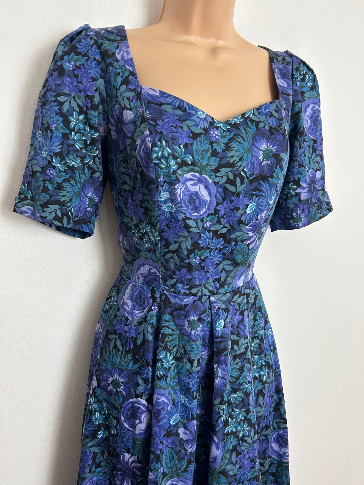 Vintage 1980s LAURA ASHLEY Size 10 Black Blue & Green Print Open Bow Back Dress
