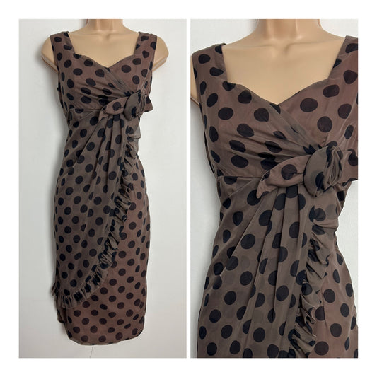 Vintage Early 1960s UK Size 8 Gorgeous Brown & Black Polka Dot Spot Print Mock Wrap Fitted Dress