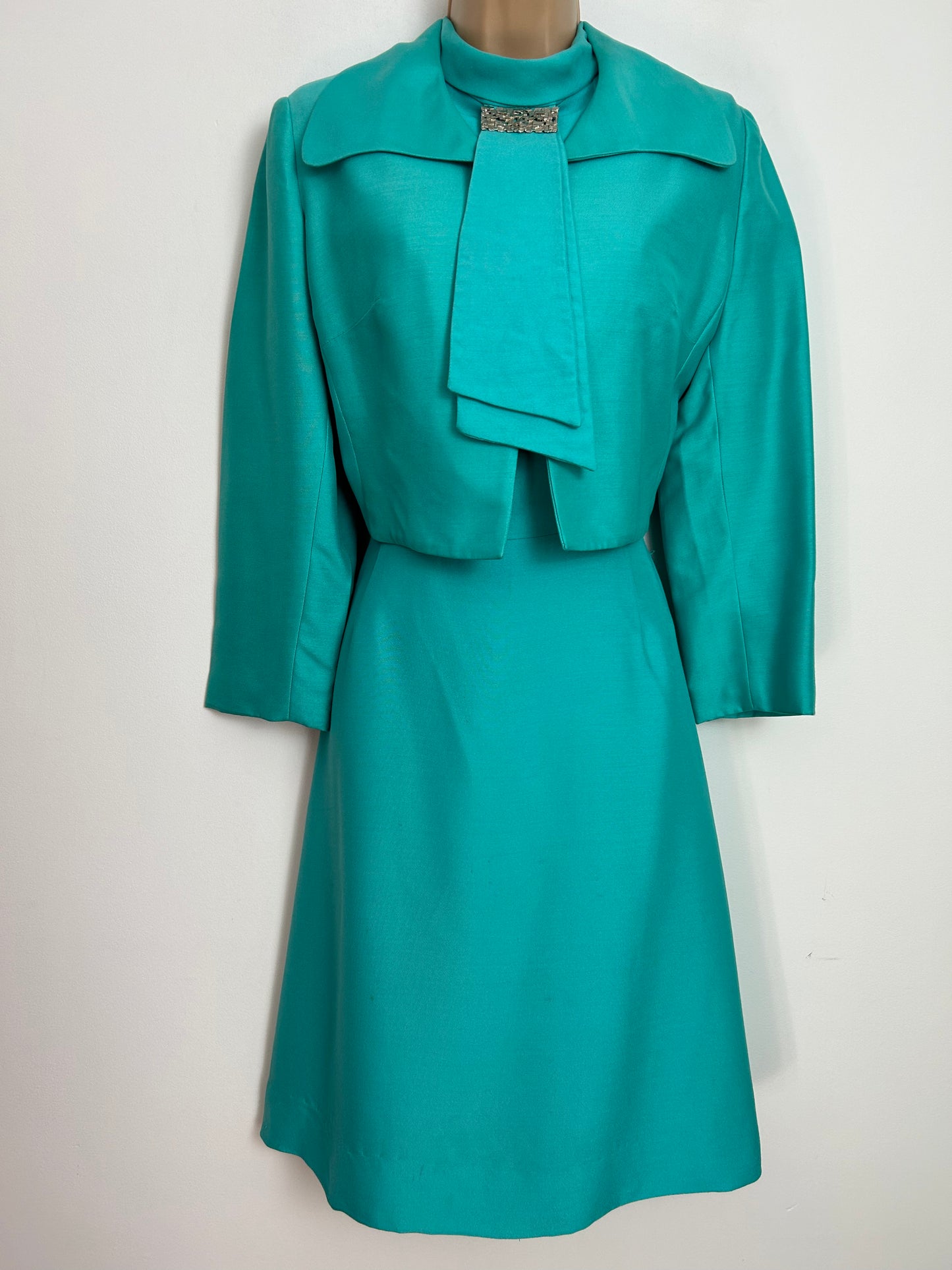 Vintage 1960s PETER BARRON UK Size 10 Turquoise Two Piece Mod Dress Suit