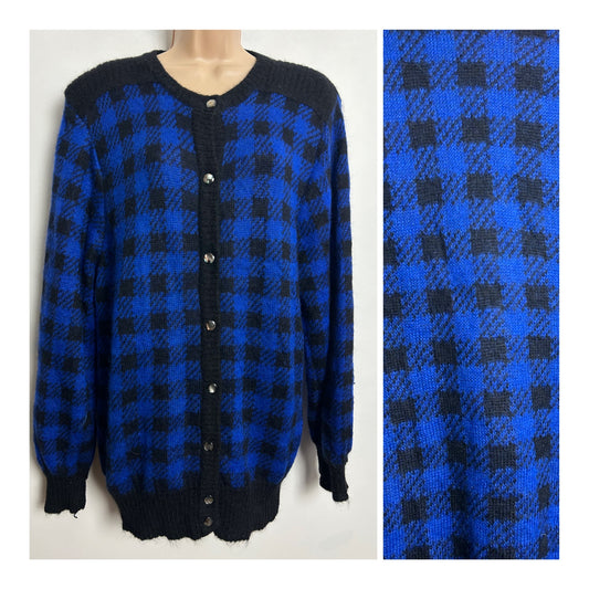 Vintage 1980s One Size Slouchy Blue & Black Check Pattern Superkid Mohair Mix Long Sleeve Cardigan