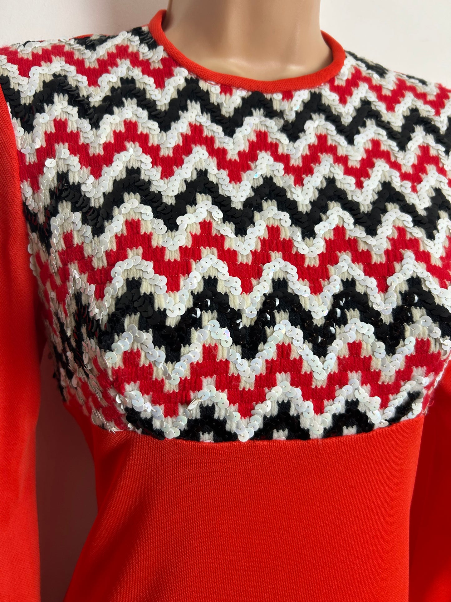 Vintage 1970s Size 8 Orangey Red White & Black Sequin Embellished Long Sleeve Evening Maxi Dress