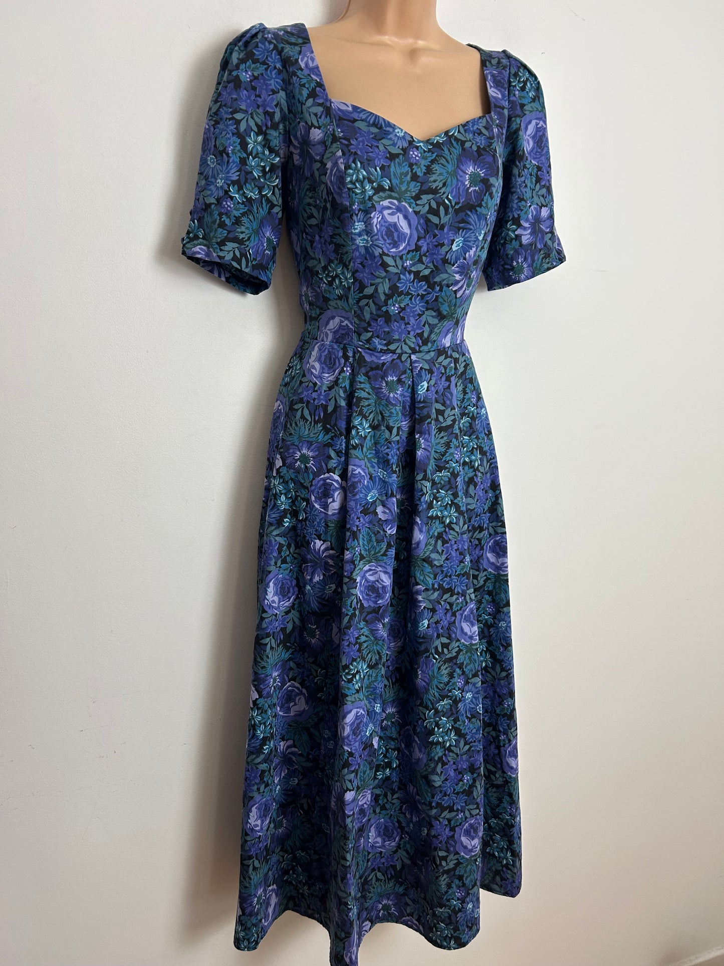 Vintage 1980s LAURA ASHLEY Size 10 Black Blue & Green Print Open Bow Back Dress