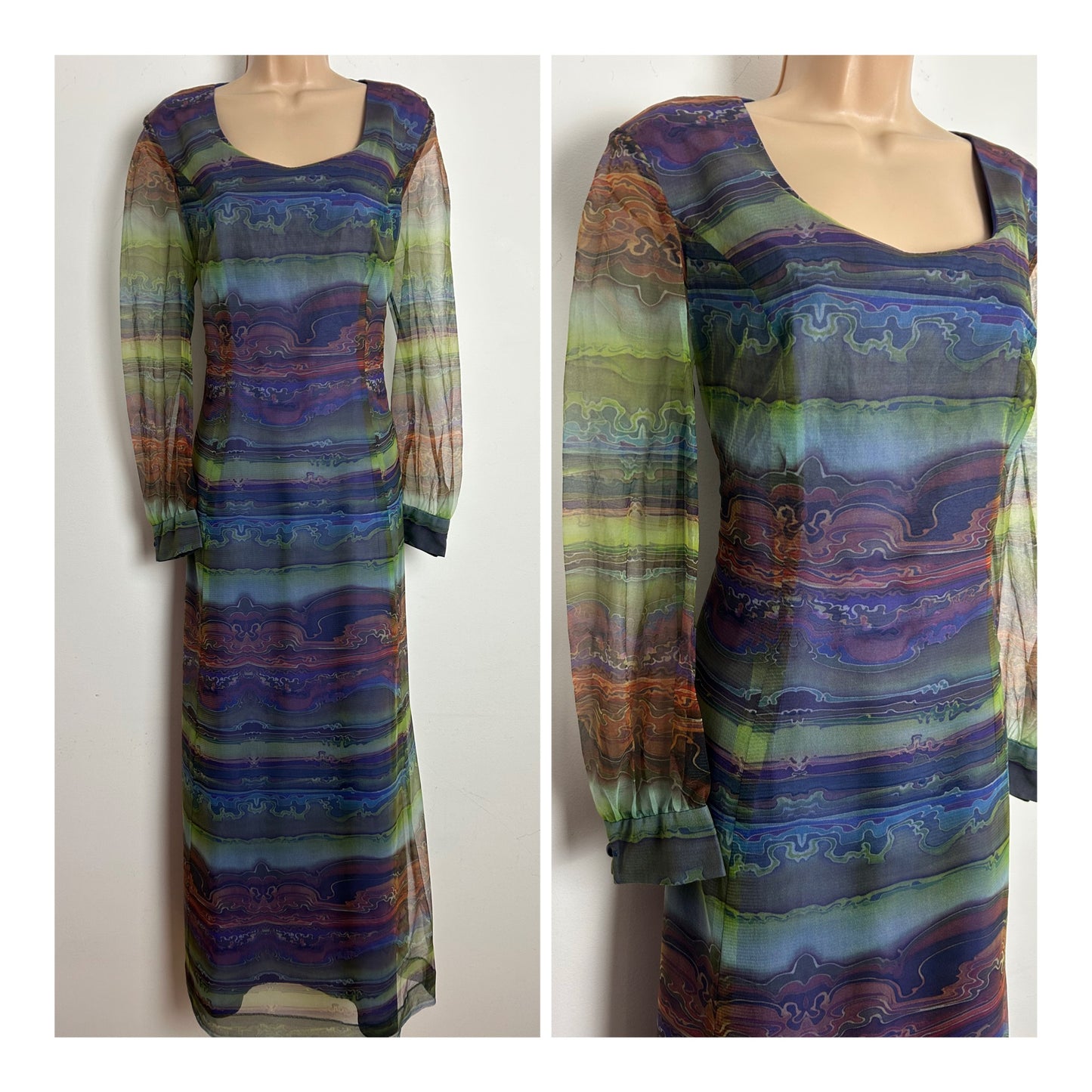 Vintage 1970s LINDA LEIGH Size 12 Blue Purple & Green Abstract Print Chiffon Long Sleeve Maxi Dress