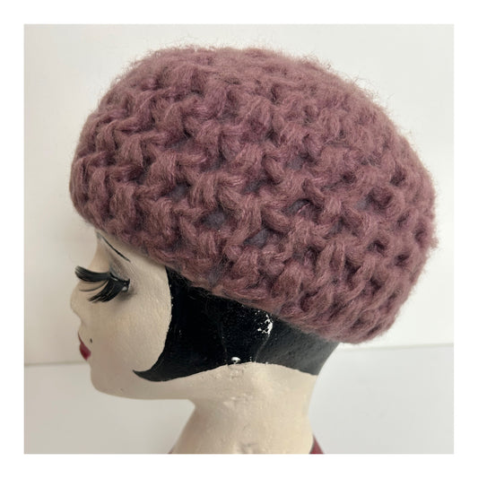 Vintage Dusky Pink Or Grey Angora & Wool Chunky Crochet Knit Reversible Beret/Beanie Style Hat